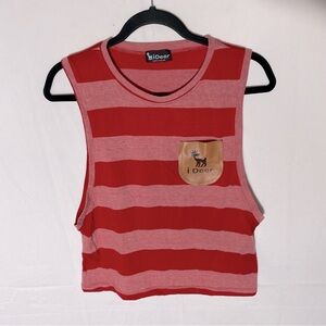 iDeer Red Pink Striped Sleeveless Crop Top W Faux Leather Chest Pocket M